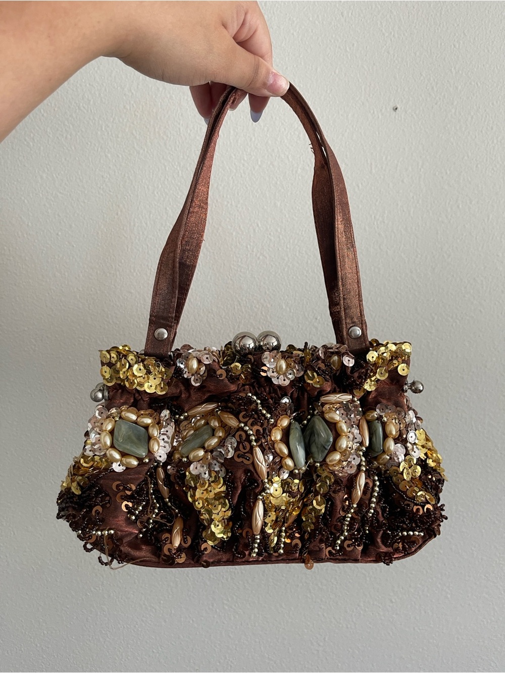 Embellished Brown Beaded Evening Handbag